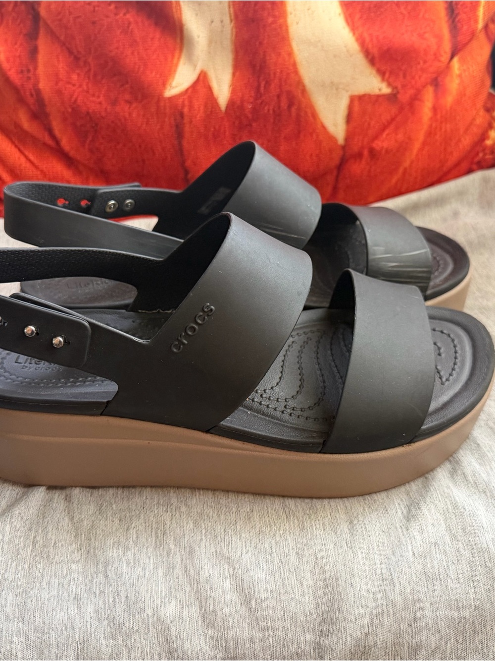 CROCS Women's Black Strap Platform Sandal with Tan Platform